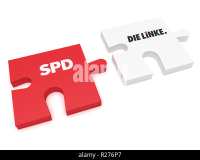 BERLIN, DEUTSCHLAND - 30. JANUAR 2017: Deutsche Politik Koalition Bildung Konzept: Puzzleteile SPD und Linke, 3d-Abbildung auf weißem Hintergrund Stockfoto