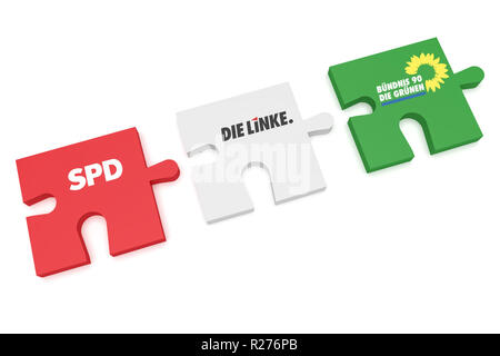 BERLIN, DEUTSCHLAND - 30. JANUAR 2017: Deutsche Politik Koalition Bildung Konzept: Puzzleteile SPD, der Linken und der Grünen, 3 Abbildung d auf weißem Hintergrund Stockfoto