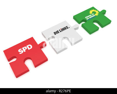 BERLIN, DEUTSCHLAND - 30. JANUAR 2017: Deutsche Politik Koalition Bildung Konzept: Puzzleteile SPD, der Linken und der Grünen, 3 Abbildung d auf weißem Hintergrund Stockfoto