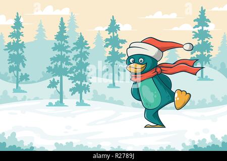 Lustige cartoon Penguin mit Mütze und Schal auf Eis im Winter Stock Vektor