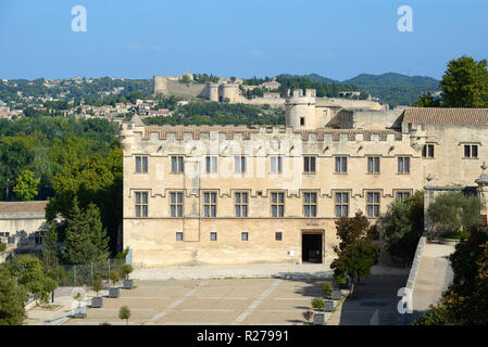 Musée du Petit Palais Museum und Stadtplatz oder die Plaza vor dem Palais du Papes Avignon mit Villeneuve-lès-Avignon im Abstand Provence Frankreich Stockfoto