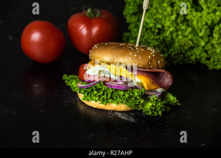 Leckerer cheesburger mit einer großen Anzahl von Gemüse, Senf, Mayonnaise, Salami und violette Zwiebel Ringe Stockfoto