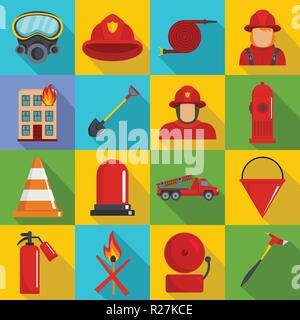 Fire Fighter Symbole gesetzt. Flache Abbildung: 16 fire fighter Vector Icons für Web Stock Vektor