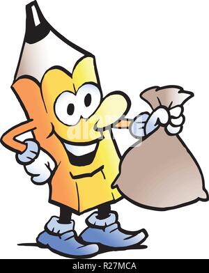 Cartoon Vector Illustration eines Stifts, der ständigen und halten eine Geld-Beutel Stock Vektor