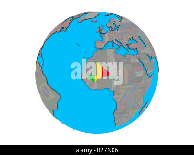 Mali mit embedded Nationalflagge auf Blau politische 3D-Globus. 3D-Abbildung auf weißem Hintergrund. Stockfoto