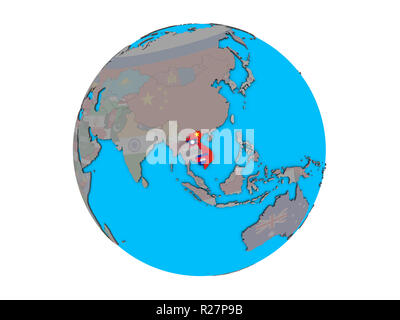 Indochina mit eingebetteten nationale Flaggen auf Blau politische 3D-Globus. 3D-Abbildung auf weißem Hintergrund. Stockfoto