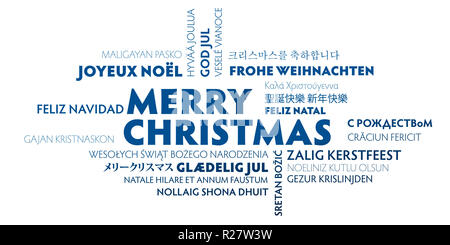 Frohe Weihnachten Wort Wolke in verschiedenen Sprachen blau und weiß Grußkarte Stockfoto