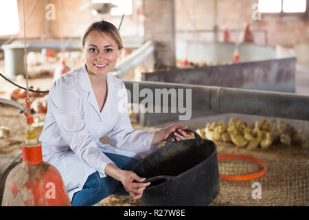 Glückliche Arbeitnehmerin im weißen Mantel holding Plastikeimer auf Geflügel Farm Stockfoto