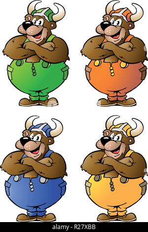 Handgezeichnete Vektorgrafiken von 4 Viking tragen in farbigen Overalls Stock Vektor