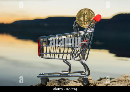 Cryptocurrency bitcoin in einem Warenkorb Schuß auf Landschaft See Sonnenuntergang Stockfoto