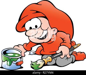 Handgezeichnete Vektor-Illustration eines Elfen mit Farbeimer und Pinsel Stock Vektor