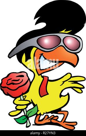 Handgezeichnete Vektor-Illustration von einem intelligenten Huhn hält eine rose Stock Vektor