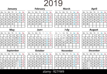 Kalender 2019. Vector Illustration. Flache Bauform. Auf weissem Hintergrund. Stock Vektor