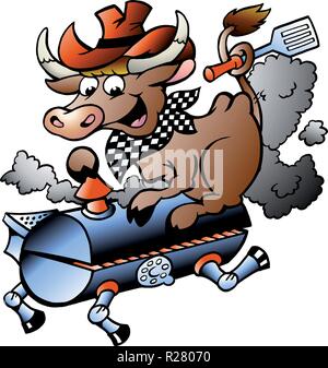 Handgezeichnete Vektor-Illustration einer Kuh reiten ein BBQ-Fass Stock Vektor