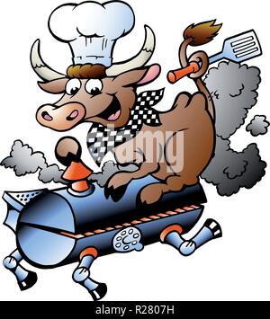 Handgezeichnete Vektor-Illustration einer Koch-Kuh reiten ein BBQ-Fass Stock Vektor