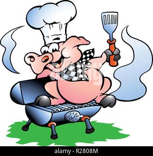 Handgezeichnete Vektor-Illustration ein Koch Schwein steht auf einem BBQ-Fass Stock Vektor