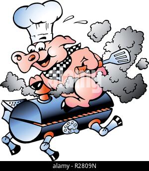 Handgezeichnete Vektor-Illustration ein Chef-Schwein Reiten ein BBQ-Fass Stock Vektor