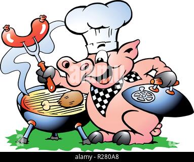 Handgezeichnete Vektor-Illustration ein Chef-Schwein, stehend und BBQ zu machen Stock Vektor