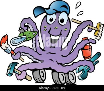 Handgezeichnete Vektor-Illustration ein glücklich beschäftigt Octopus Handyman Stock Vektor