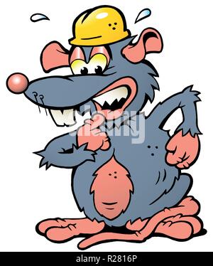 Handgezeichneten Vector Illustration eines Angst Ratte mit gelben Helm Stock Vektor