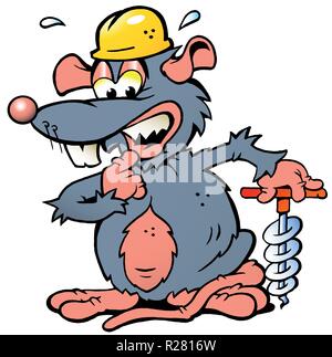 Handgezeichneten Vector Illustration einer Angst, eine Angst Ratte Ratte Holding einen Bohrer Stock Vektor