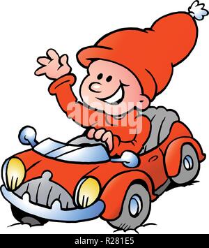 Handgezeichneten Vector Abbildung: ein Frohes Weihnachten Elf fahren in einen roten Sportwagen Stock Vektor