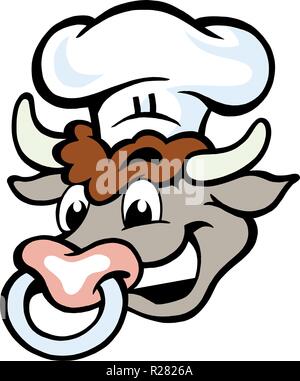 Handgezeichneten Vector Illustration eines glücklichen Bull Chef Kopf Stock Vektor