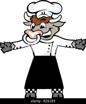 Handgezeichneten Vector Illustration eines glücklichen Bull Chef stehen und Willkommen Stock Vektor