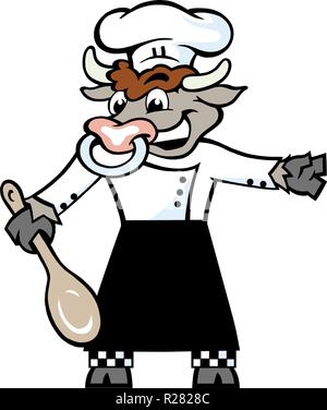 Handgezeichneten Vector Illustration eines glücklichen Bull Chef stehen und mit einem Löffel in seiner Hove Stock Vektor