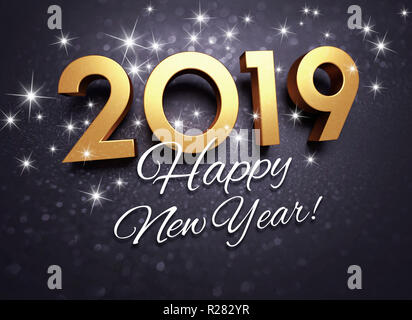 Grüße und ein Frohes Neues Jahr 2019 Datum Anzahl farbiger in Gold, auf einer festlichen schwarzen Hintergrund, mit glitzert und Sterne - 3D-Darstellung Stockfoto