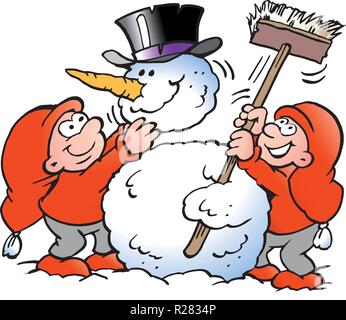 Vektor Cartoon Abbildung von zwei glückliche Elf machen einen großen Schneemann Stock Vektor