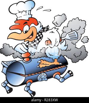 Cartoon Vector Illustration eines Küchenchef Huhn reiten ein BBQ Grill Zylinder Stock Vektor