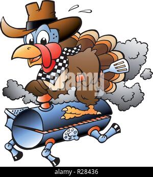 Cartoon Vector Illustration eines Thanksgiving Truthahn reiten ein BBQ Grill Zylinder Stock Vektor