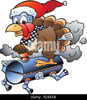 Cartoon Vector Illustration eines Weihnachten Thanksgiving Truthahn reiten ein BBQ Grill Zylinder Stock Vektor