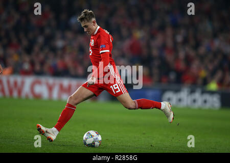 Cardiff, Großbritannien. 16. November 2018. David Brooks von Wales in Aktion. UEFA Nationen Liga Match, Wales v Dänemark in Cardiff City Stadium in Cardiff, South Wales am Freitag, 16. November 2018. pic von Andrew Obstgarten/Andrew Orchard sport Fotografie/Alamy live Nachrichten Leitartikel NUR VERWENDEN Stockfoto