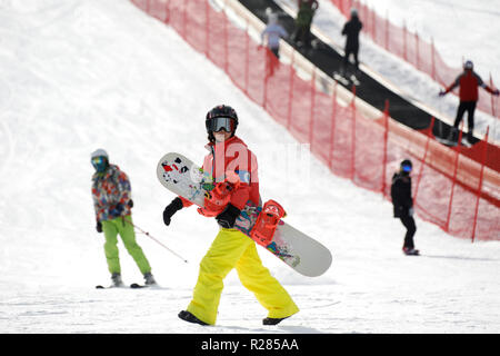 Zhangjiakou, Provinz Hebei Provinz Chinas. 17. Nov, 2018. Ein Skifahrer Spaziergänge auf Schnee in einem Resort in Chongli Grafschaft von Zhangjiakou, nördlich der chinesischen Provinz Hebei, Nov. 17, 2018. Credit: Wu Diansen/Xinhua/Alamy leben Nachrichten Stockfoto