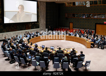 Der Hauptsitz der Vereinten Nationen in New York, USA. 16. November 2018. Der Sicherheitsrat der Vereinten Nationen hält eine Konferenz zur Lage im Jemen, auf das UN-Hauptquartier in New York, November 16, 2018. Der UN-Beauftragte für Jemen sagte Freitag will er den kriegführenden Parteien des Landes in Schweden, erneut zusammenzutreten. Credit: Li Muzi/Xinhua/Alamy leben Nachrichten Stockfoto