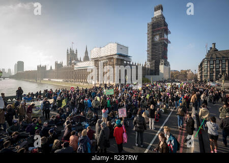 London, Großbritannien. 17. November 2018. Umweltaktivisten vor dem Aussterben Rebellion Block die Westminster Bridge, einer von fünf Brücken in Central London blockiert, als Teil einer Rebellion Veranstaltung 'kriminelle Untätigkeit im Angesicht des Klimawandels Katastrophe und ökologischen Kollaps', die von der britischen Regierung zu markieren, als Teil eines Programms des zivilen Ungehorsams, bei denen Dutzende von Aktivisten verhaftet wurden. Credit: Guy Corbishley/Alamy leben Nachrichten Stockfoto