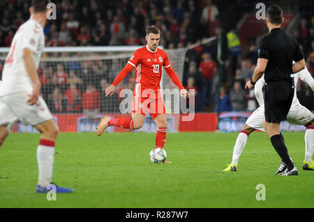 Cardiff City Stadium, Cardiff, Wales, UK. 16. November 2018. Wales v Dänemark, UEFA Nationen Liga, Liga B, Gruppe 4, Fußball, Cardiff City Stadium, Cardiff, Großbritannien - 16 May 2018: Aaron Ramsey von Wales. Credit: Phil Rees/Alamy leben Nachrichten Stockfoto