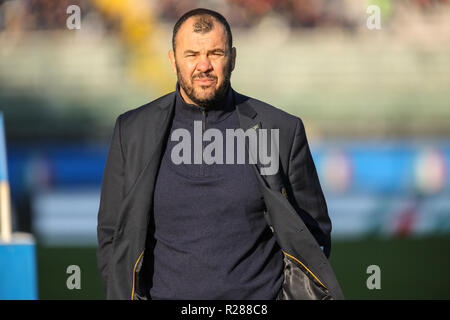 Padua, Italien. 17. November 2018. Wallabies Head Coach Michael Cheika Spaziergänge in der Tonhöhe vor Beginn des Spiel gegen Italien im November Cattolica Test Match © Massimiliano 2018 Carnabuci/Alamy leben Nachrichten Stockfoto