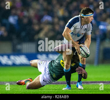 Das Stadion Murrayfield, Edinburgh, Großbritannien. 17. Nov, 2018. Rugby Union, Herbst internationale Reihe, Schottland gegen Südafrika; Hamish Watson von Schottland in Angriff genommen wird: Aktion plus Sport/Alamy leben Nachrichten Stockfoto