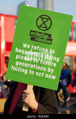 London, Großbritannien. - November 17, 2018: ein Demonstrant hält eine Fahne während das Aussterben Rebellion Klima März. Stockfoto