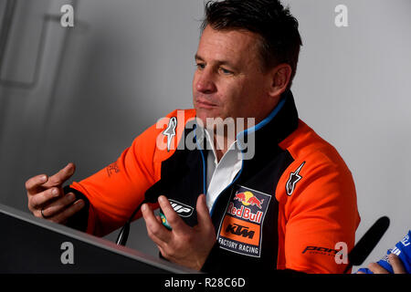 Valencia, Spanien. 17. Nov, 2018. Pit Beirer Österreichs (KTM-Motorsport-direktor) spricht während der Team Manager Pressekonferenz während der MotoGP von Valencia Gran Premio Motul de la Comunitat Valenciana an Ricardo Tormo in Valencia, Spanien am 16. Nov 2018 Credit: CORDON PRESSE/Alamy leben Nachrichten Stockfoto