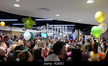 Dublin, Irland. 18 Nov, 2018. Menschenmassen in der Ankunftshalle des Flughafen Dublin für die Irische UN-Truppen nach Hause zurückkehren aus dem Libanon warten, sie einladend mit Beifall. Credit: Dt/Alamy leben Nachrichten Stockfoto