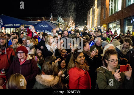 Hereford, Großbritannien. 17. Nov, 2018. Hunderte Menschen versammeln sich in den alten Markt, um zu sehen, die Zeremonie auf der Weihnachtsbeleuchtung in den Alten Markt Einkaufszentrum in Hereford am 17. November 2018 zu drehen. Quelle: Jim Holz/Alamy leben Nachrichten Stockfoto