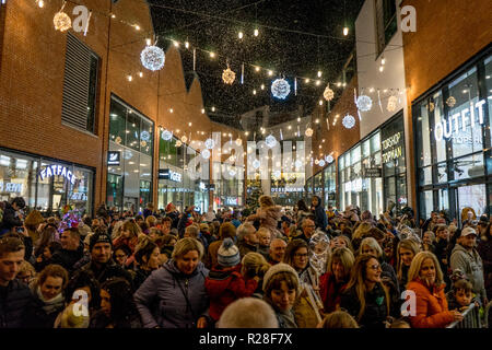 Hereford, Großbritannien. 17. Nov, 2018. Hunderte Menschen versammeln sich in den alten Markt, um zu sehen, die Zeremonie auf der Weihnachtsbeleuchtung in den Alten Markt Einkaufszentrum in Hereford am 17. November 2018 zu drehen. Quelle: Jim Holz/Alamy leben Nachrichten Stockfoto