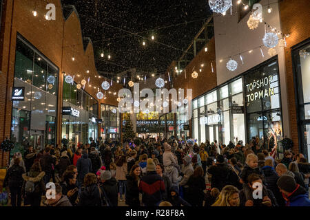 Hereford, Großbritannien. 17. Nov, 2018. Hunderte Menschen versammeln sich in den alten Markt, um zu sehen, die Zeremonie auf der Weihnachtsbeleuchtung in den Alten Markt Einkaufszentrum in Hereford am 17. November 2018 zu drehen. Quelle: Jim Holz/Alamy leben Nachrichten Stockfoto