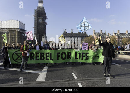 London, Greater London, UK. 17. Nov, 2018. Aktivisten gesehen mit einem Banner und Fahnen mit dem Aussterben Rebellion logo eingestanzt auf. Das Aussterben Rebellion Aktivisten auf fünf wichtigsten Brücken in London versammelt, ihre Besorgnis über den Klimawandel zu heben und zu verlangen, dass die britische Regierung verpflichtet sich zur Reduzierung der CO2-Emissionen auf Null bis 2025. Quelle: Andres Pantoja/SOPA Images/ZUMA Draht/Alamy leben Nachrichten Stockfoto