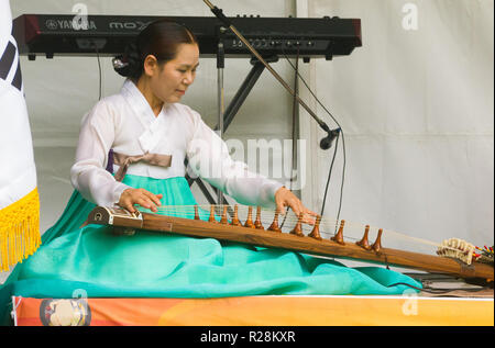 Eine weibliche Musiker in einem hanbok gekleidet spielt eine gayageum auf der koreanischen Kultur und Food Festival in Adelaide, South Australia, Australien. Stockfoto