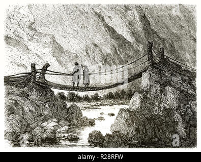 Alte Ansicht der Mimbres Brücke zwischen Urubamba und Ollantaytambo, Peru. Von Riou, Publ. Bei le Tour du Monde, Paris, 1863 Stockfoto